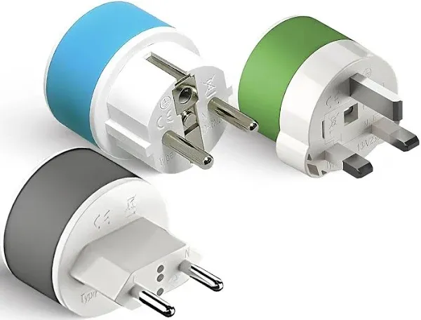 OREI Full European Travel Adapter Set - Dual Input American to Europe, Germany, England, Spain, Italy, Iceland, France, (Type G, E/F, Type C) - 3 Pack, Safe Grounded Use for Cell Phones, Laptops