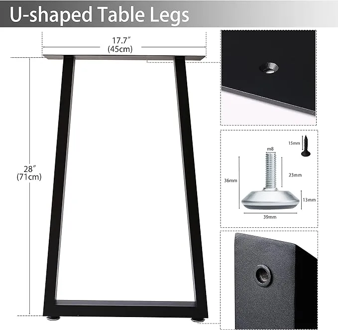 Metal Table Legs Desk Legs, Heavy Duty Square Tube Iron Desk Legs, DIY Furniture Legs for Dining Table, Coffee Table, Computer Desk, Workbench, Meeting Room Table, Set of 2, Black (U)