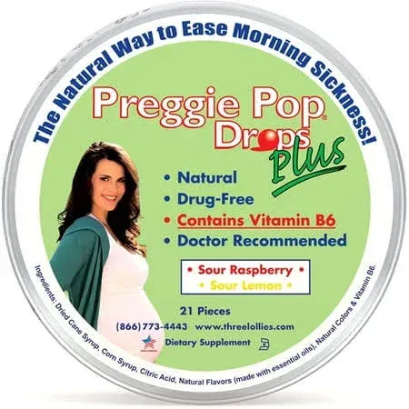 Three Lollies Preggie Pop Drops Plus | with Vitamin B6 for Morning Sickness Relief | Sour Raspberry | Sour Lemon | 21 Drops