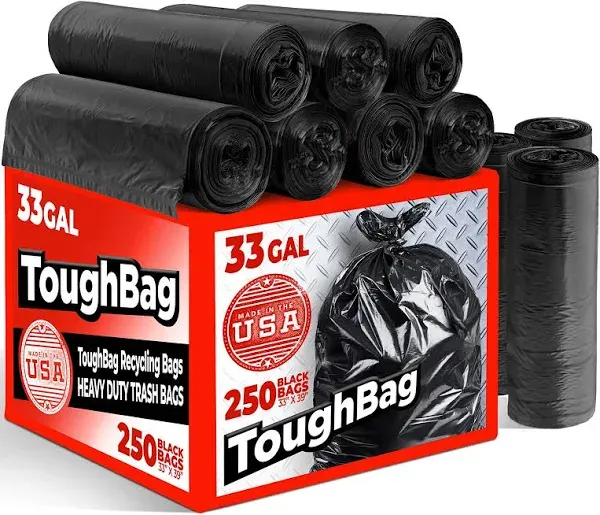 ToughBag 33 Gallon Trash Bags, Heavy Duty Trash Bags (250 Count) for Commercial, Lawn and Leaf, 1.2 mil, Made in USA, Size: 250 Count (Pack of 1),