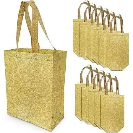 OccasionAll Gold Gift Bags 10x5x13 12 Pack Medium Reusable Tote Bags with Handles