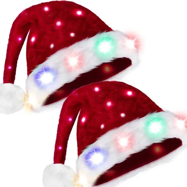 Light-Up Christmas Santa Elf Hats with Pom Poms and Colorful Lights