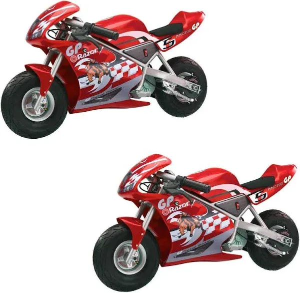 Razor 24 Volt Mini Electric Bike 1 Speed Dirt Racing Motorcycle Pocket Rocket with 10” Pneumatic Tires, Speeds up to 15 MPH, Ages 13 Plus, 2 Pack, Red