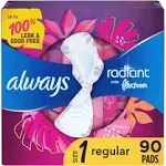 Always Radiant Feminine Pads for Women, Size 1 Regular Absorbency, with Flexfoam, with Wings, Light Clean Scent, 30 Count x 3 Packs (90 Count Total)