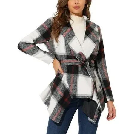 Allegra K Women's Turn Down Collar Asymmetric Hem Plaids Thin Wrap Coat