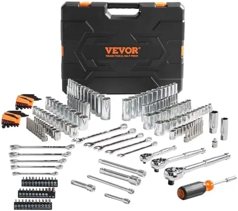 VEVOR Mechanics Tool Set and Socket Set, 1/4 3/8 1/2 Drive Deep and Standard Sockets, 205 Pcs SAE and Metric Mechanic Tool Kit with Bits