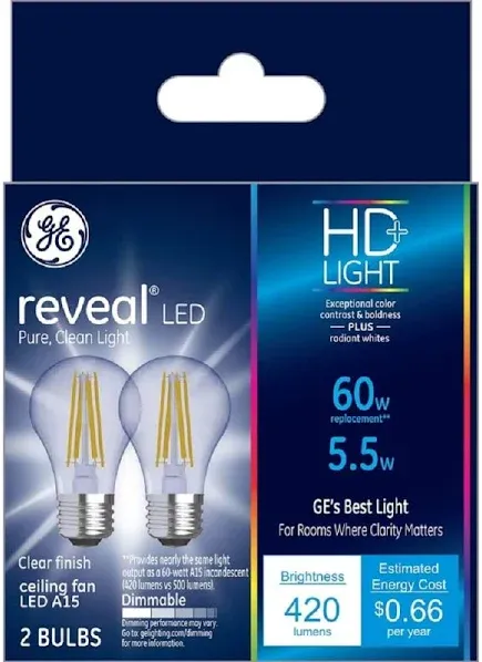 GE Reveal A15 LED Bulb 60 Watt Equivalence Soft White 2pk