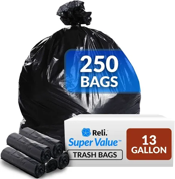 Reli. 13 Gallon Trash Bags | 250 Bags | Black Trash Bags 12-13 Gallon | Kitchen Garbage Bag | Liner