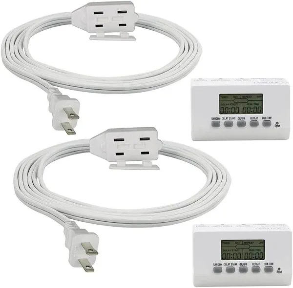 Clear Power Combo Pack: 2-Pack 1-Outlet Grounded EZ Digital Indoor Timer w/6f...