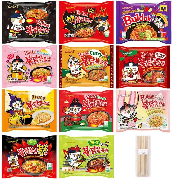 Samyang Spicy Hot Chicken Ramen 11 Flavor Variety Pack - FREE Chopsticks - Korean Buldak Ramen Noodles (11 Pack)