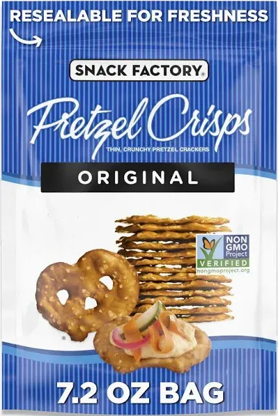 Snack Factory Original Pretzel Crisps, Non-GMO, 7.2 oz Resealable Bag