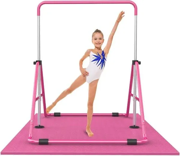  Expandable Gymnastics Bar for Kids - Height Adjustable Junior Pink with mat