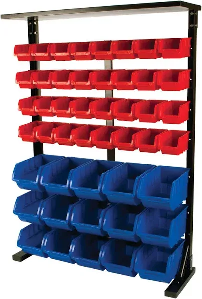 Performance Tool W5193 Half Bulk Bin Storage Rack with 32 Large and Small Bins for Easy Garage Organization of Tools, Parts, Hardware, and More, Red and Blue