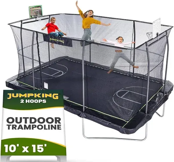 JumpKing 10'x15' Rectangle Trampoline with 2 Powder Coated Basketball Hoops and Breakaway