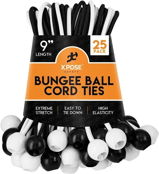 Xpose Safety Bungee Ball Cords 9" 100 Pack Heavy Duty Assorted Colors Black and White Stretch Rope