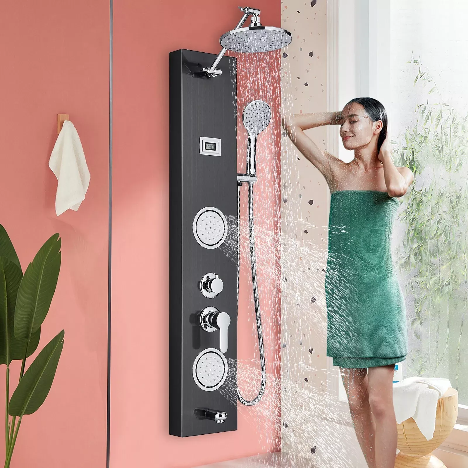 Black Shower Panel Tower System LED Rainfall&amp;Water<wbr/>fall Massage Body Jets Sprayer