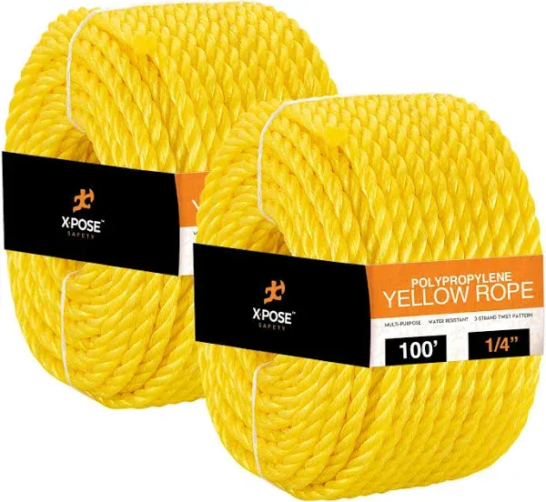 Yellow Twisted Polypropylene Rope - 1/4&#034; Floating Poly Pro Cord 100 Ft - Resista