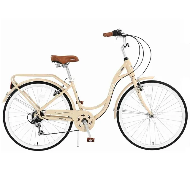 Aukfa 26" Cruiser Bike, 7 Speed Bicycle Hybrid Bikes for Women Girls Ladies, Buttermilk