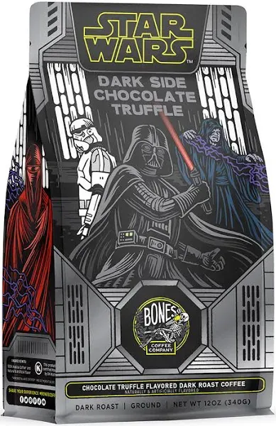 Bones Coffee Company Dark Side Chocolate Truffle Ground Coffee Beans, Chocolate Truffle Flavor, Low Acid Flavored Coffee, Made with Arabica Coffee Beans, Star Wars Inspired Coffee, Dark Roast (12 oz)