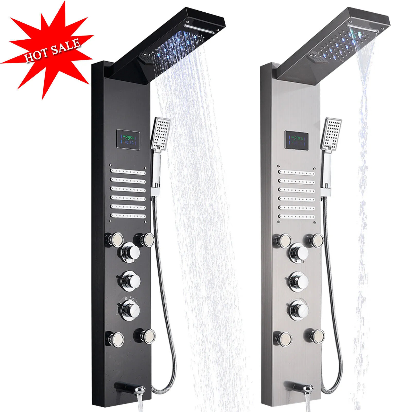 CES Shower Panel Tower System 7-Function Shower System Set Rainfall Waterfall LED Shower Head+Handheld Sprayer+Massage Body Jets+Tub Spout+Bidet Tap