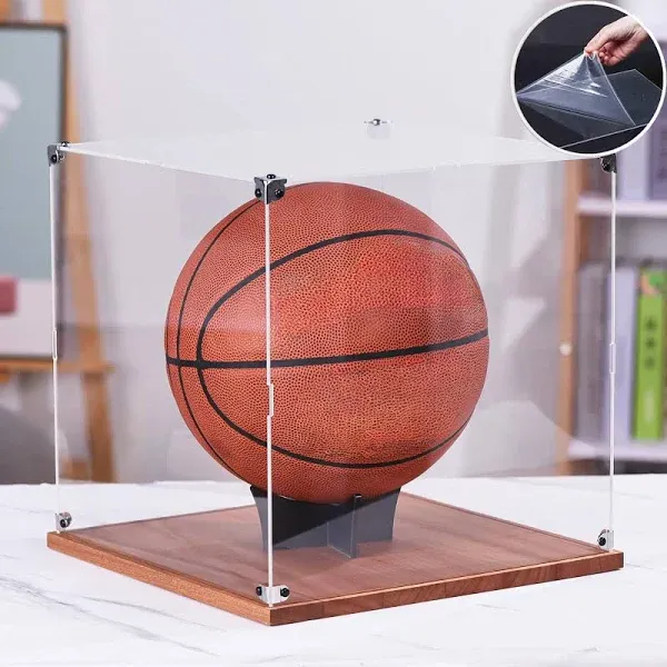 SANOSY Basketball Display Case with Solid Wooden Base,Clear Acrylic Basketball Case , with Removable Built-in Display Stand for Basketball