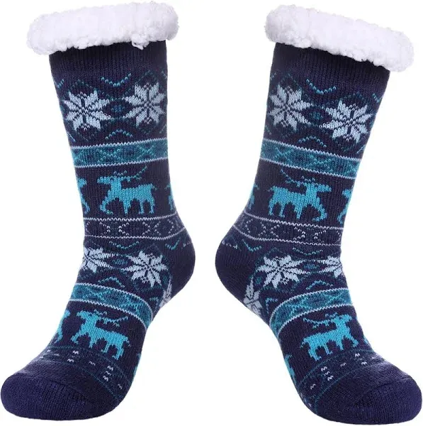  Slipper Socks for Women with Grippers, Winter Warm Fuzzy Indoor One Size Blue