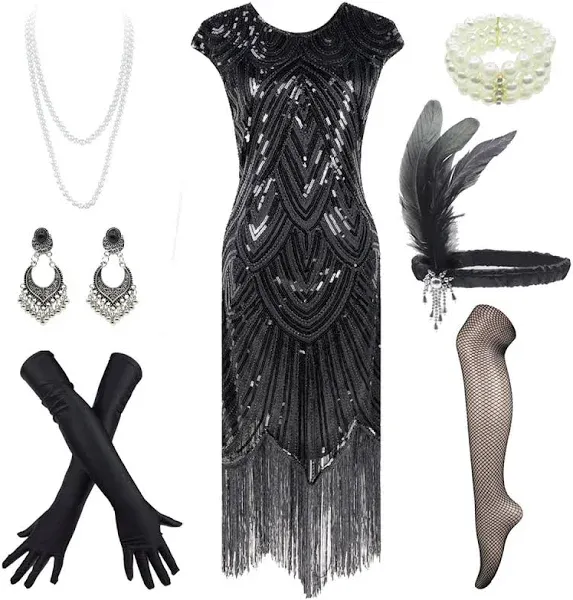 1920s Flapper Dress Roaring 20s Great Gatsby Fringed Sequin Dress Accessories Set