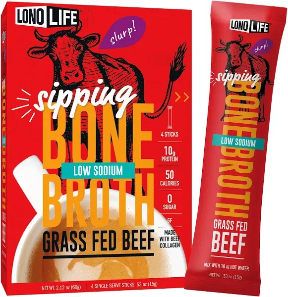 LonoLife Low-Sodium Grass-Fed Beef Bone Broth Powder with 10g Protein, Stick Packs, 24 Count