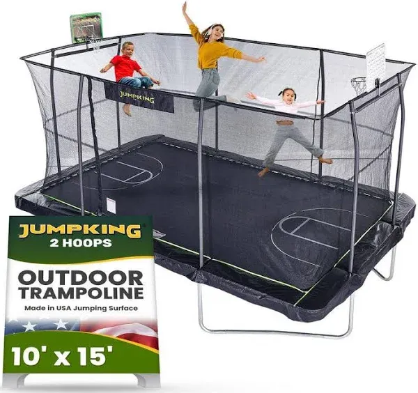 JumpKing 10'x15' Rectangle Trampoline with 2 Powder Coated Basketball Hoops and Breakaway