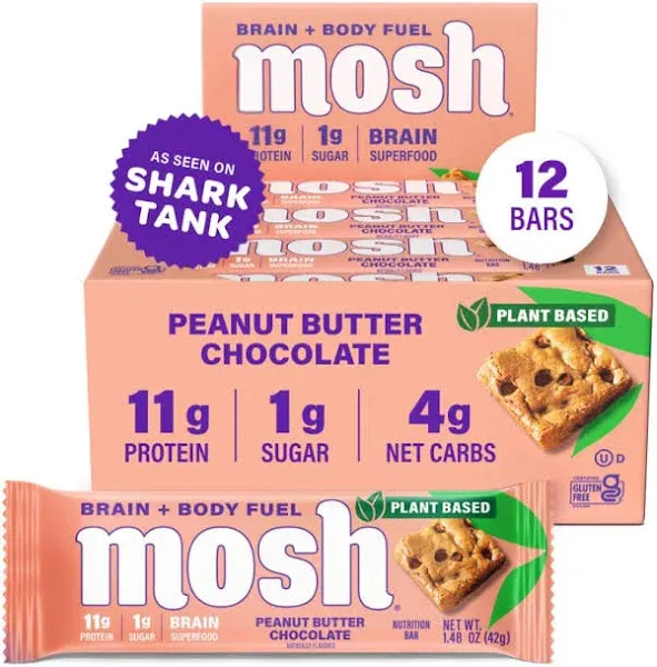 MOSH Peanut Butter Chocolate Plant Based Keto Protein Bars, High Protein, Gluten Free, Brain Healthy Snack with Ashwagandha, and Lion's Mane, 12 Count