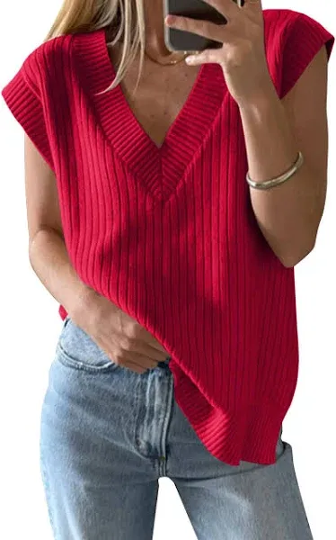 Women's Oversized Ribbed Knit V-Neck Sweater Vest