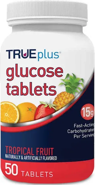 TRUEplus Glucose Tablets Tropical Fruit Flavor 50ct Bottle