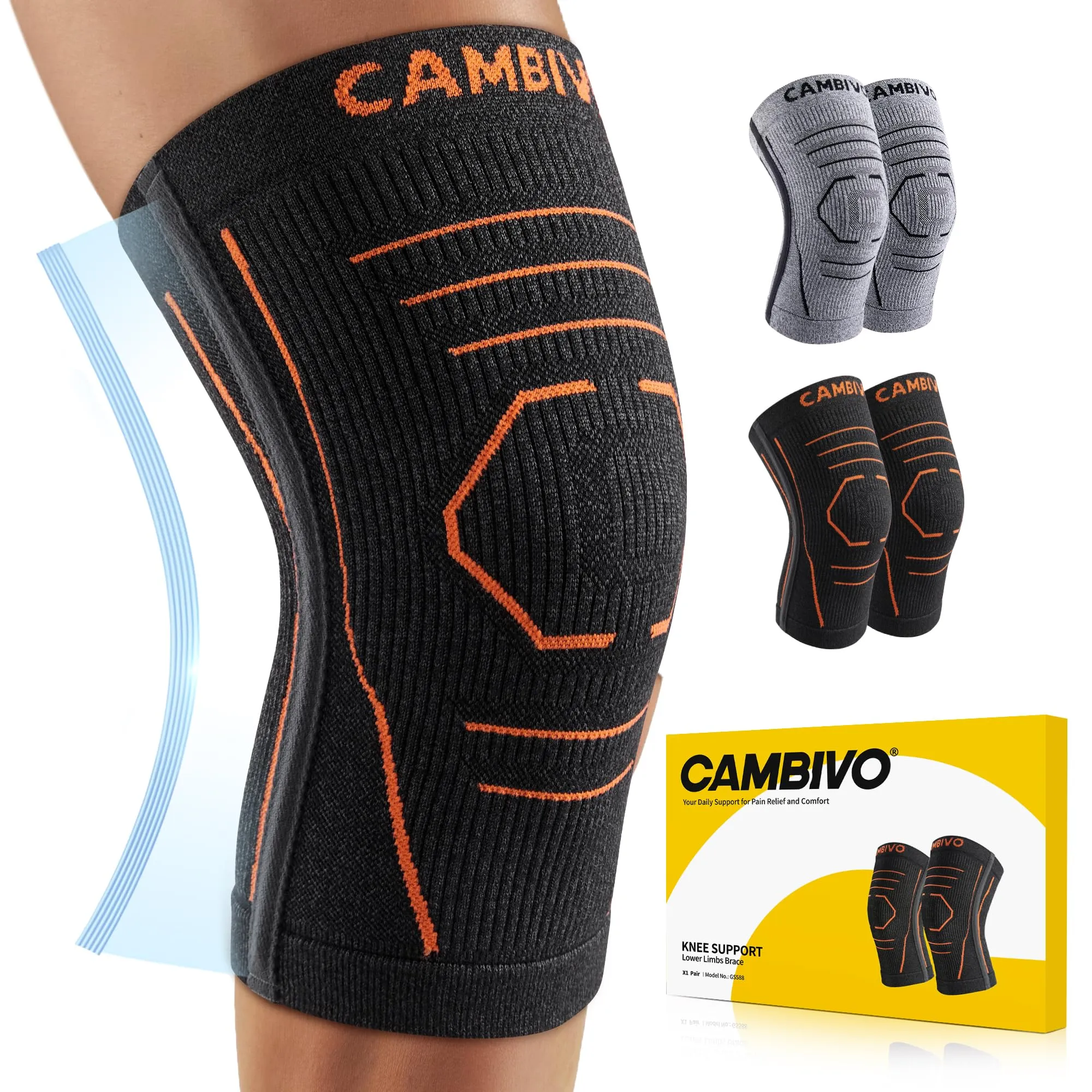 CAMBIVO 2 Pack Knee Brace, Knee Compression Sleeve for Men and, Black,Xxx-Large