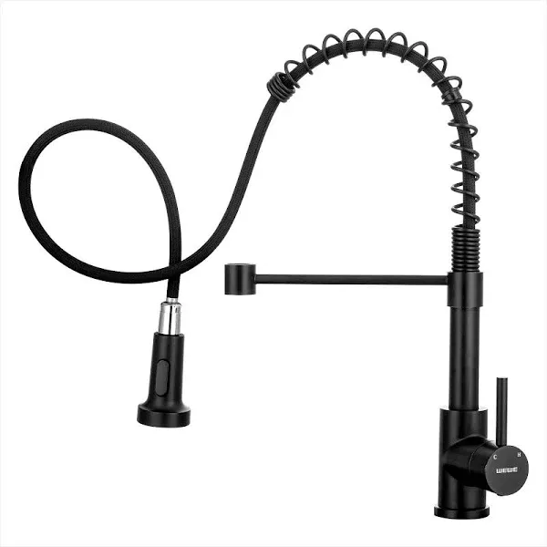 Faucet for Kitchen Sink, WEWE Kitchen Faucet Black Stainless Steel Commercial Spring Kitchen Faucet with Pull Down Sprayer, One Hole or 3 Hole Kitchen Faucet for RV Outdoor Farmhouse with Deck Plate