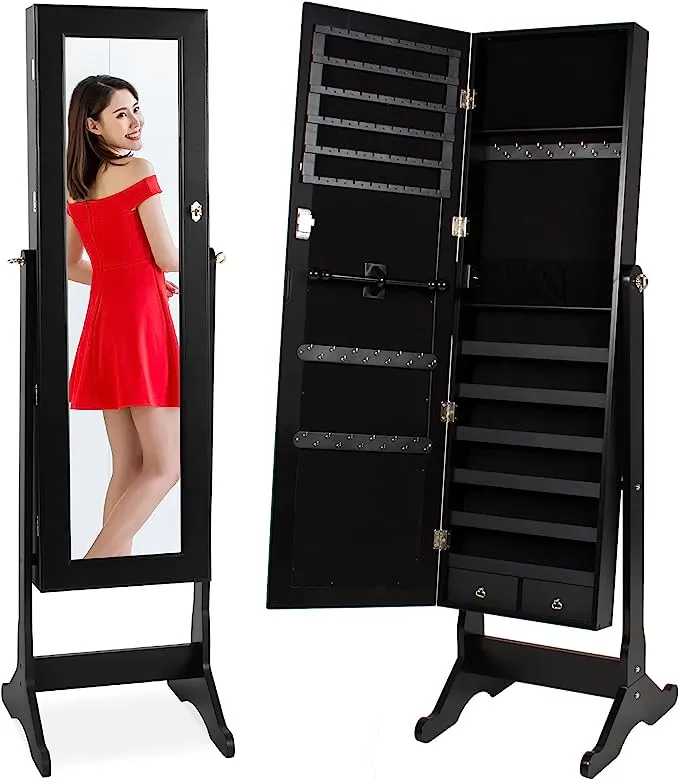 Best Choice Products 6-Tier Standing Mirror Lockable Storage Organizer Cabinet Armoire w/ Velvet Interior - Espresso