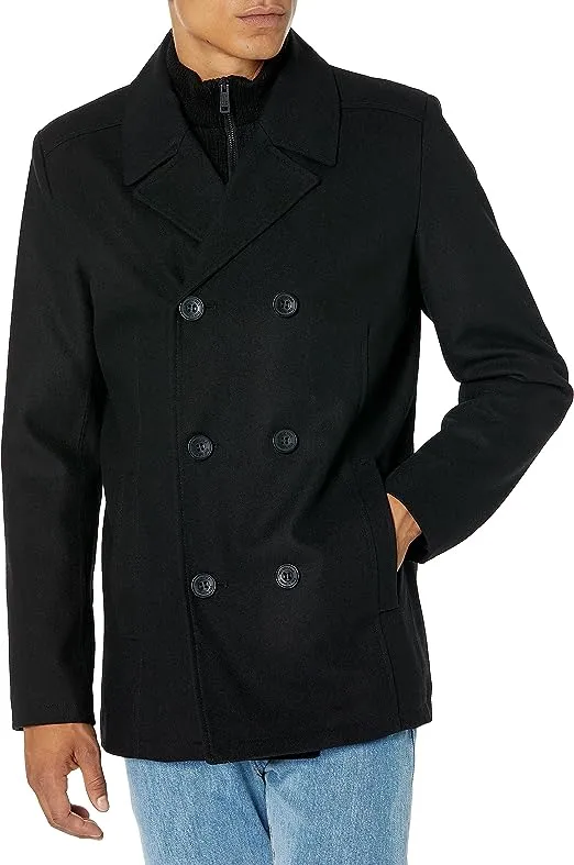 Kenneth Cole Men's Double Breasted Wool Blend Peacoat with Bib - Black