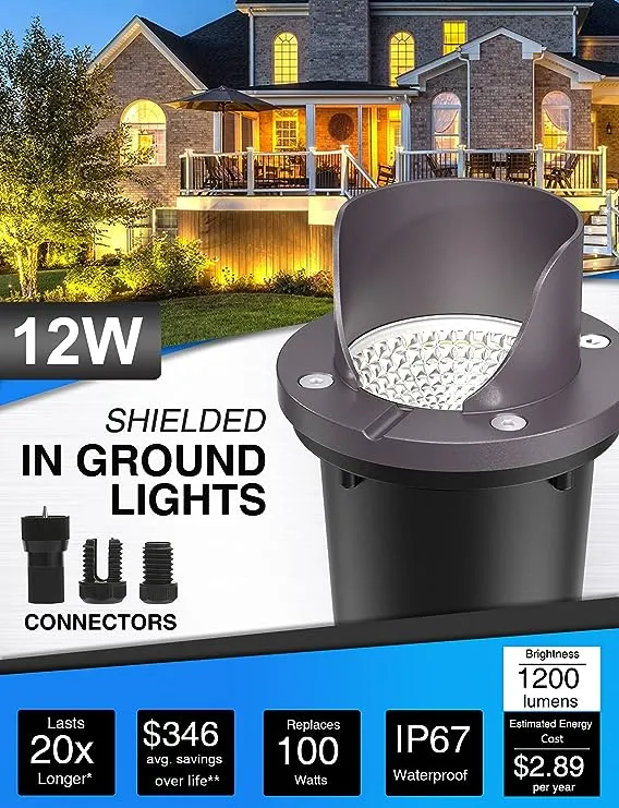 SUNVIE 12 Pack Low Voltage Landscape Lights 12W LED Outdoor In-Ground Waterproof Shielded Well Lights 12V-24V Warm White Paver Lights with Wire Connectors for Pathway Garden Yard Fence Deck