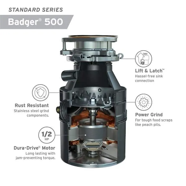 Badger 500 W/C 1/2 HP Continuous Feed Kitchen Garbage Disposal with Power Cord, Standard Series