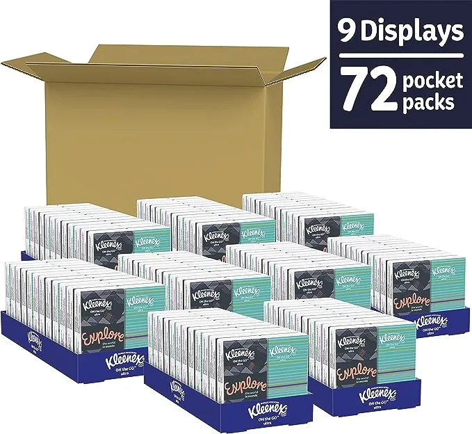 Kleenex On-The-Go Facial Tissues, 72 On-The-Go Packs (3 Trays of 24 Packs), 10 Tissues per Box (720 Total Tissues), 3-Ply, Packaging May Vary