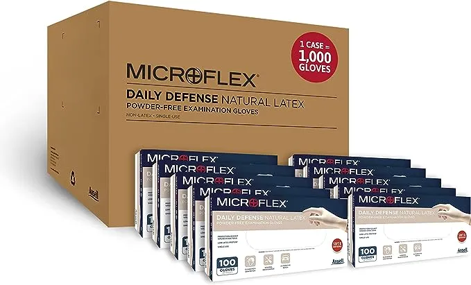 Microflex 10-754 Daily Defense Disposable Latex Gloves for Cleaning, Food Prep w/Textured Fingertips - Natural