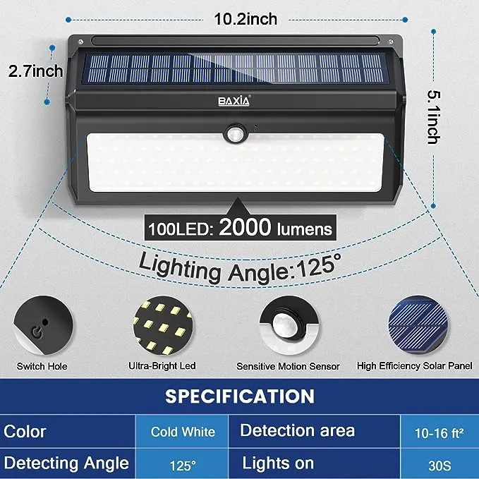 Baxia Technology Outdoor Wireless 100 LED Solar Motion Sensor Waterproof Security Wall Lighting