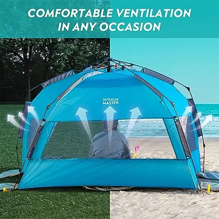 OutdoorMaster Pop Up Beach Tent for 4 Person - Easy Setup and Portable Beach Shade Sun Shelter Canopy with UPF 50+ UV Protection Removable Skylight Family Size - BlueOutdoorMaster Pop Up Beach Tent for 4 Person - Easy Setup and Portable Beac…