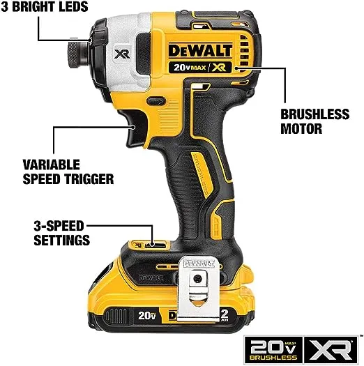 DEWALT 20V MAX XR Cordless Impact Driver Kit, Brushless, 1/4" Hex Chuck, 3-Speed, 2 Batteries and Charger (DCF887D2)