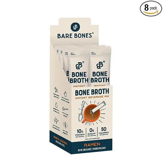 Bare Bones Bone Broth Instant Powdered Mix, Ramen, Pack of 8, 15g Sticks, 10g Protein, Keto & Paleo Friendly Bone Broth Packets