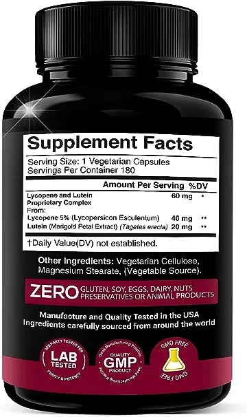 Lycopene + Lutein Supplement 60mg | Lycopene 40mg from Tomato & Lutein 20mg from Marigold Extract - 2-in-1 Ultra-Concentrated Health Supplements | Non-GMO & Gluten Free - 180 Veggie Caps Made in USA