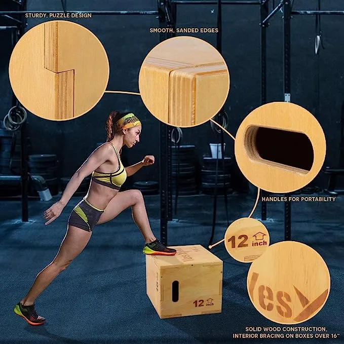 Yes4All 3-in-1 Wooden Plyo Box, for HIIT Workout, Three Different Height, 16" 14" 12", Natural Wood