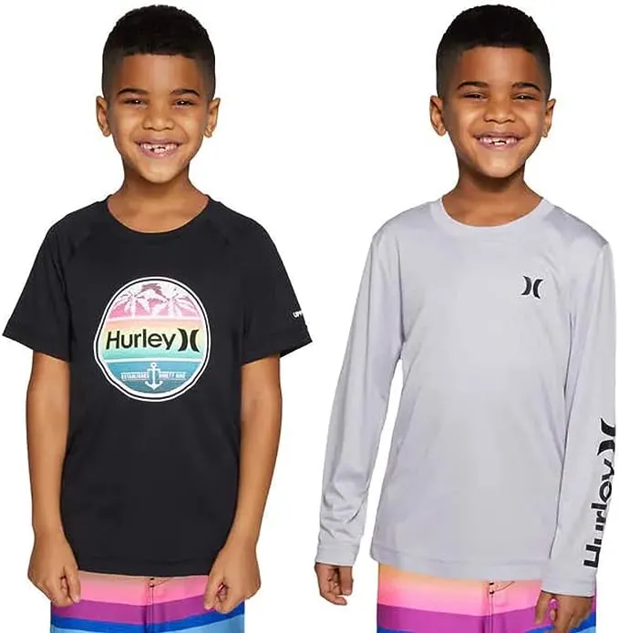 Hurley Youth Boy's 2 Pack UPF 50+ Sun Tee Tops, 1 Long Sleeve Shirt, 1 Short Sleeve Shirt