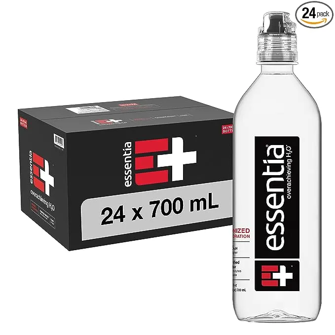 Essentia Bottled Water, Ionized Alkaline Water; 99.9% Pure, Infused with Electrolytes, 9.5 pH or Higher with a Clean, Smooth Taste, 23.67 Fl Oz (Pack of 24)