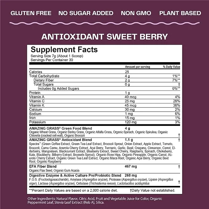 Amazing Grass Greens Superfood Antioxidant: Greens Powder with Organic Spirulina, Beet Root Powder, Elderberry & Probiotics, Sweet Berry, 30 Servings (Packaging May Vary)