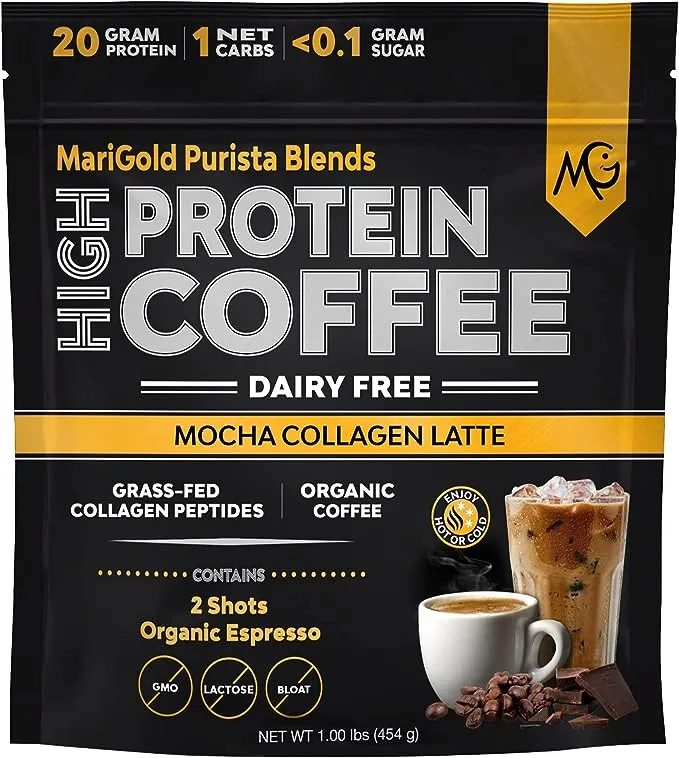 MariGold High Protein Collagen Coffee - Mocha Collagen Latte, Dairy Free, 20g Grass-Fed Type I & III Collagen Peptides, Energy Boost, 2 Shots Organic Espresso, Non-GMO, 1 Lb Bag, 15 Servings